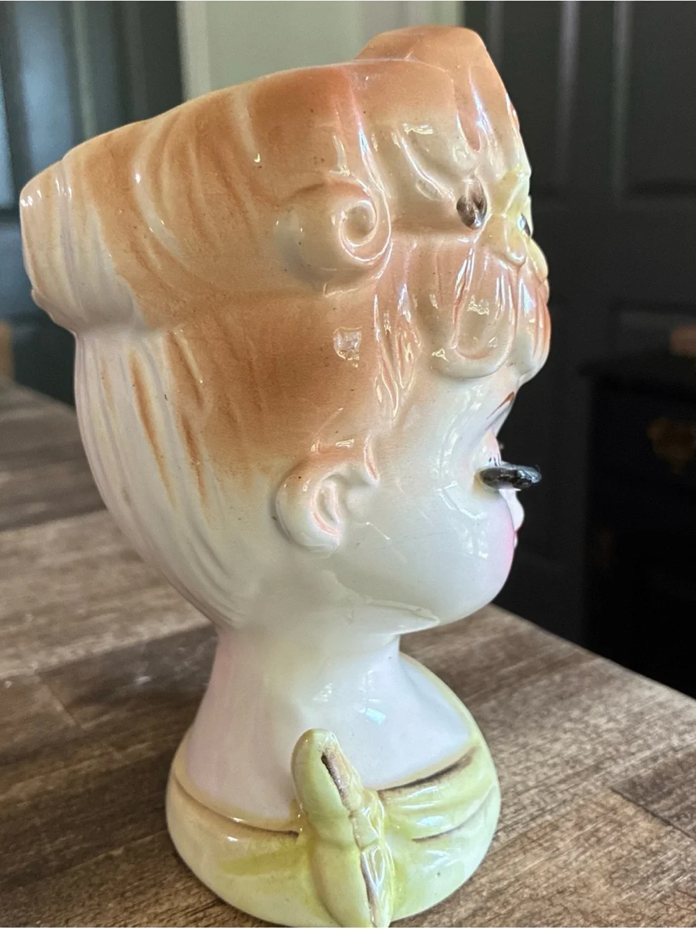 Vintage Peach and Yellow Ceramic Lady Head Vase